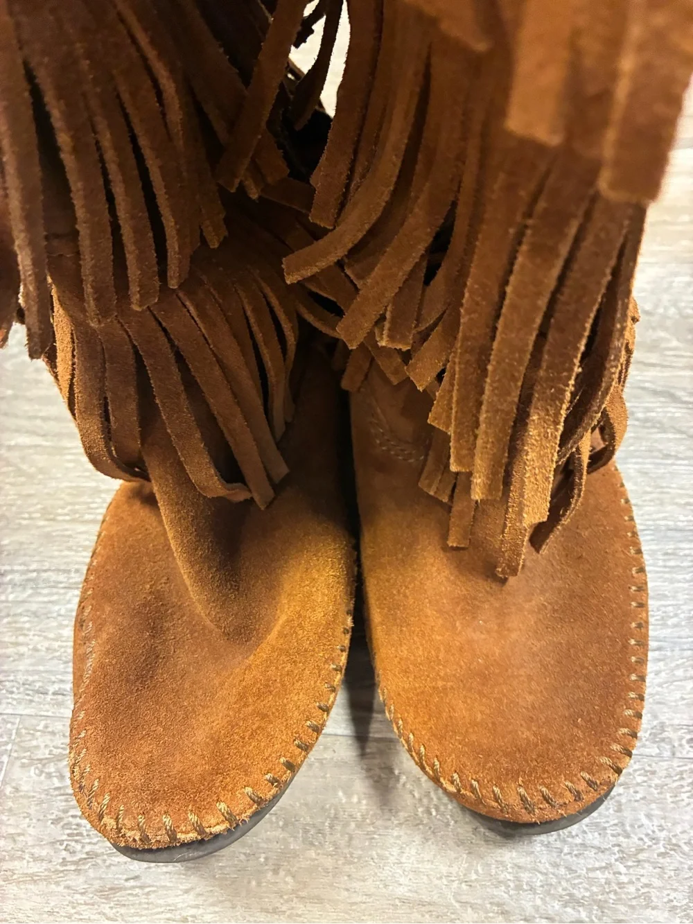 Minnetonka Three Fringe Suede Moccasin Pull On Western Boots Mid Calf